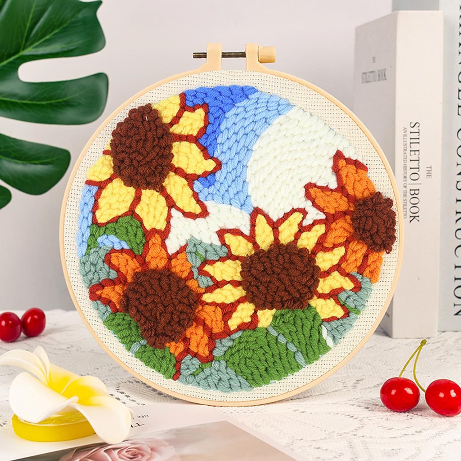 punch needle embroidery kits Flower Pattern Simple Craft Easy for adult beginners yarn painting punch needle Diy Set: Red