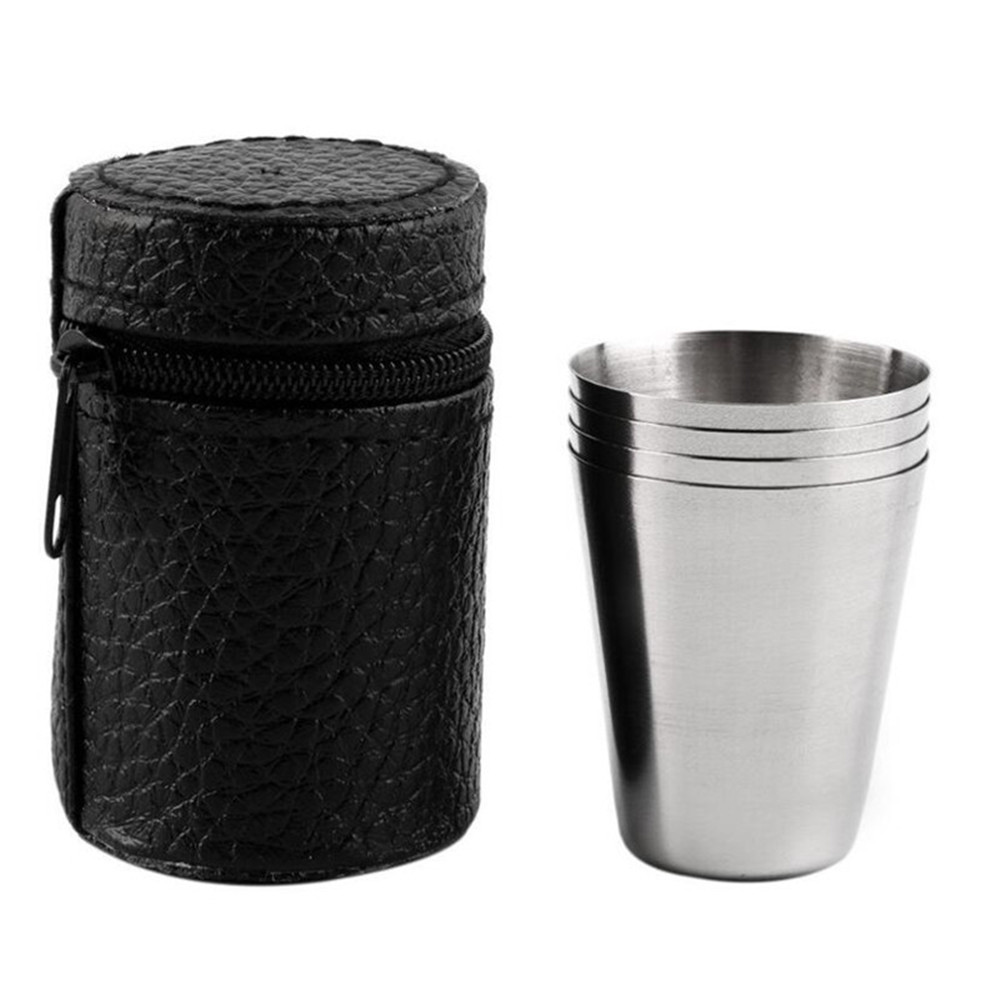 Barware 4Pcs/set Polished 30ML Mini Stainless Steel Shot Cup Wine Drinking Glasses With Leather Cover Bag For Home Kitchen Bar