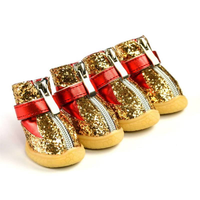 4Pcs Dikke Bont Hond Schoenen Reflecterende Winter Schoenen Huisdier Voor Kleine Honden Schoenen Bone Anti-Slip Snowboots voor Teddy Poedel Voor Puppy Ik: Rood / L