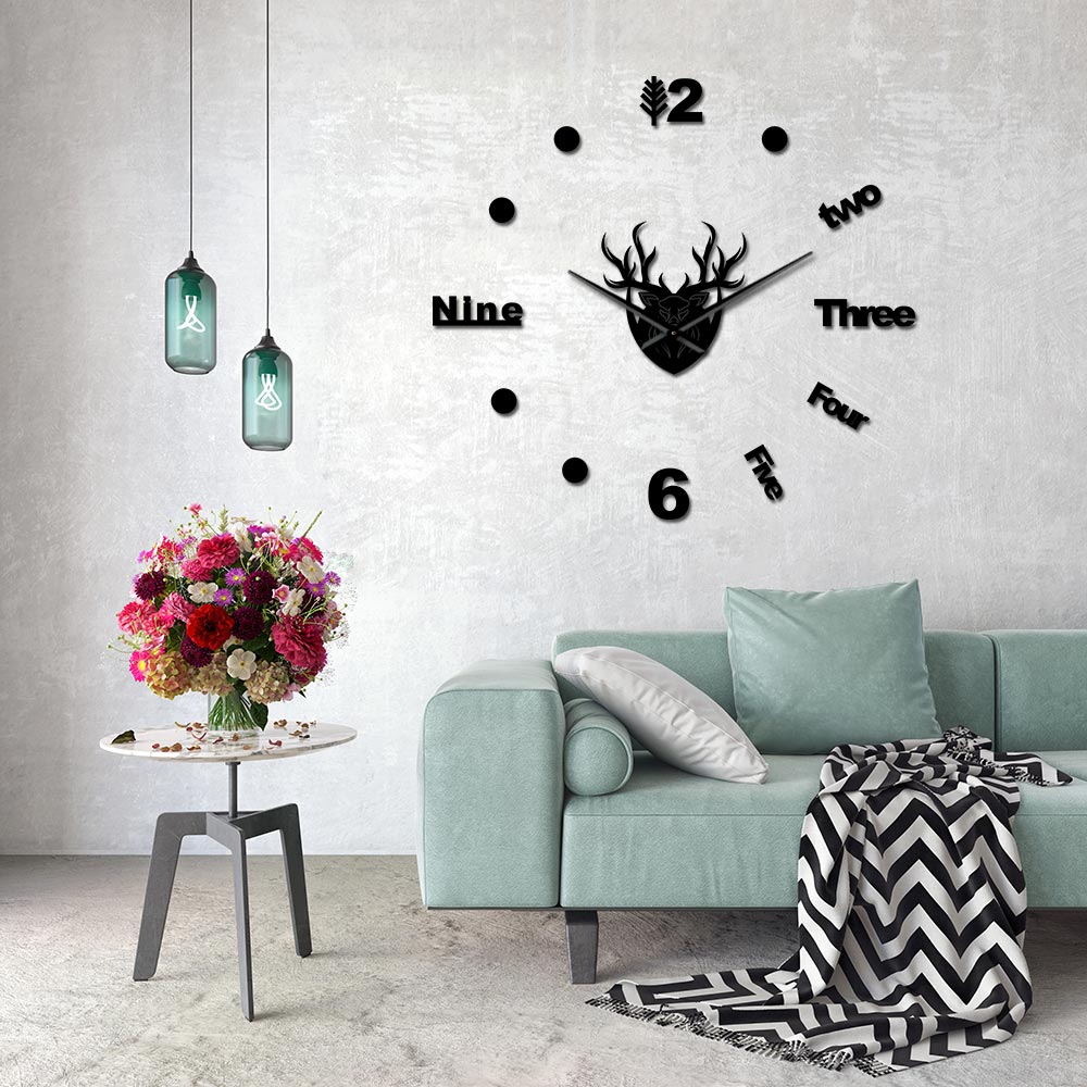 Cerf wapiti tête 3D silencieux Quartz horloge murale bois Animal chasseur miroir effet Stickers muraux pour salon grande montre
