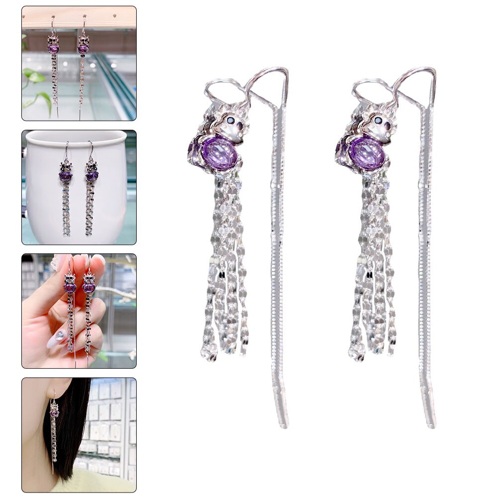 1 Paar Lange Tassel Shiny Delicate Zilveren Oor Hangers Vee Oorbellen Oor Danglers