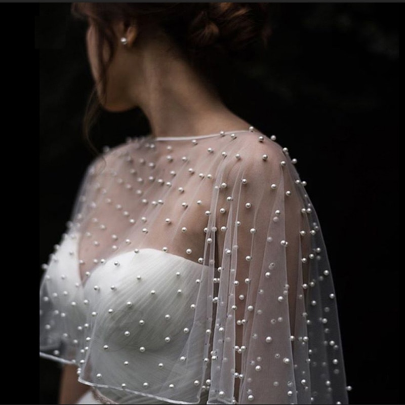 Perlen Hochzeit Bolero Braut Mantel Elfenbein Hochzeit Kap kurze vordere lange zurück Frauen wickeln Kap Abend wickeln Schal