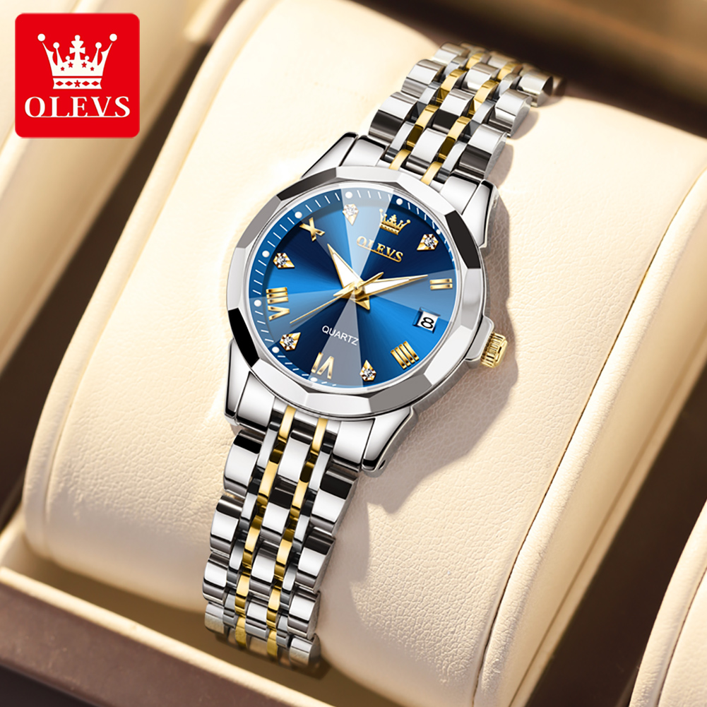OLEVS-Reloj dorado de lujo para mujer, pulsera de acero inoxidable, , de cuarzo con rombos, resistente al agua