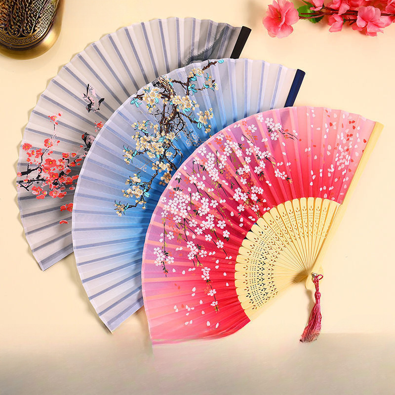 1 st bärbar handfällbar fläkt kinesisk stil dansrekvisita retro fläkt kvinna män bambu trä sidenblomma fällbar fläkt