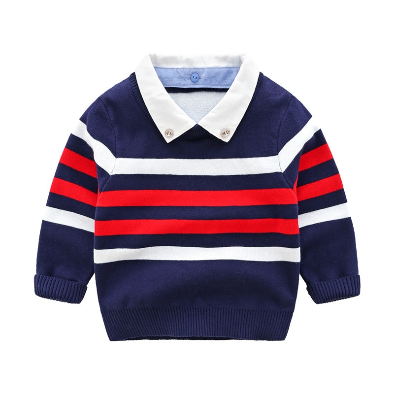 Forår efterår vinter år jul turndown krave strikket skole farve patchwork baby børn drenge stribede trøjer  yx0