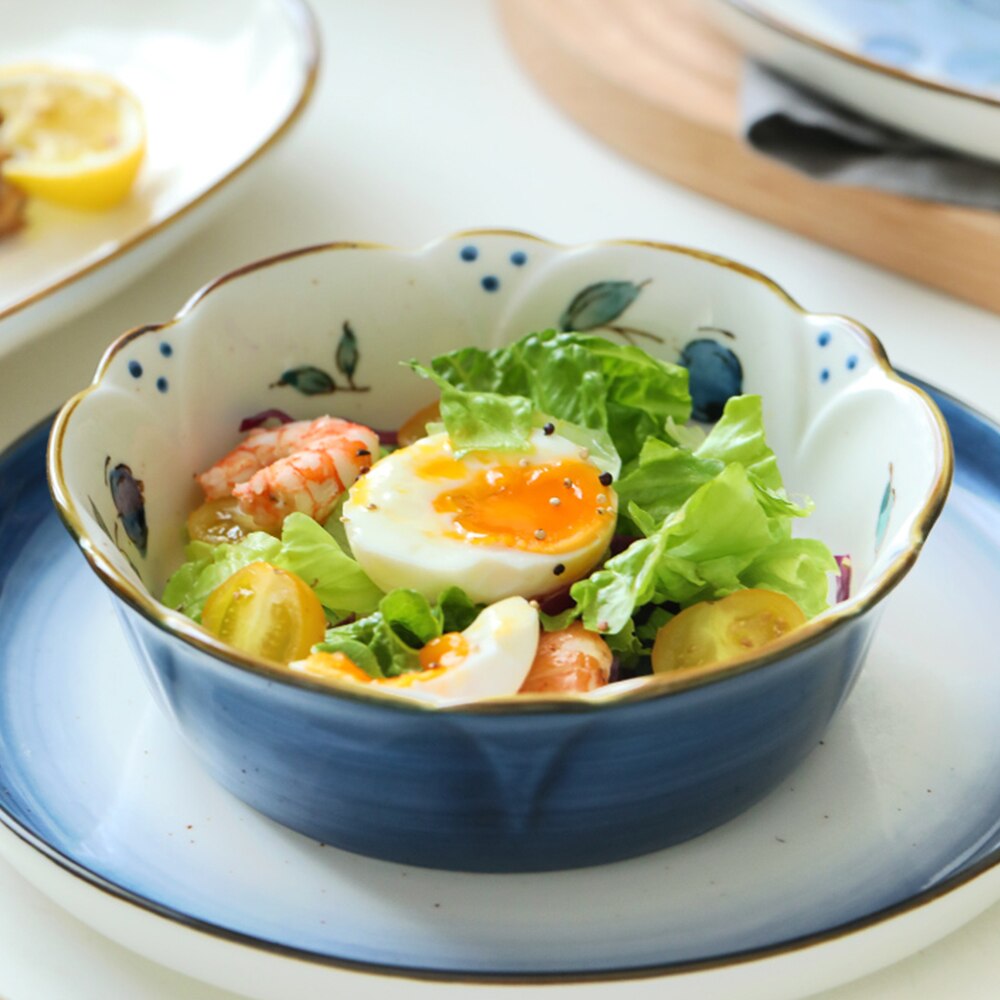 Home Gold Edge Blueberry Ceramic Tableware Heatable Oven Plate Soup Bowl Food Plate For Bread Noodles Salad Bakeware