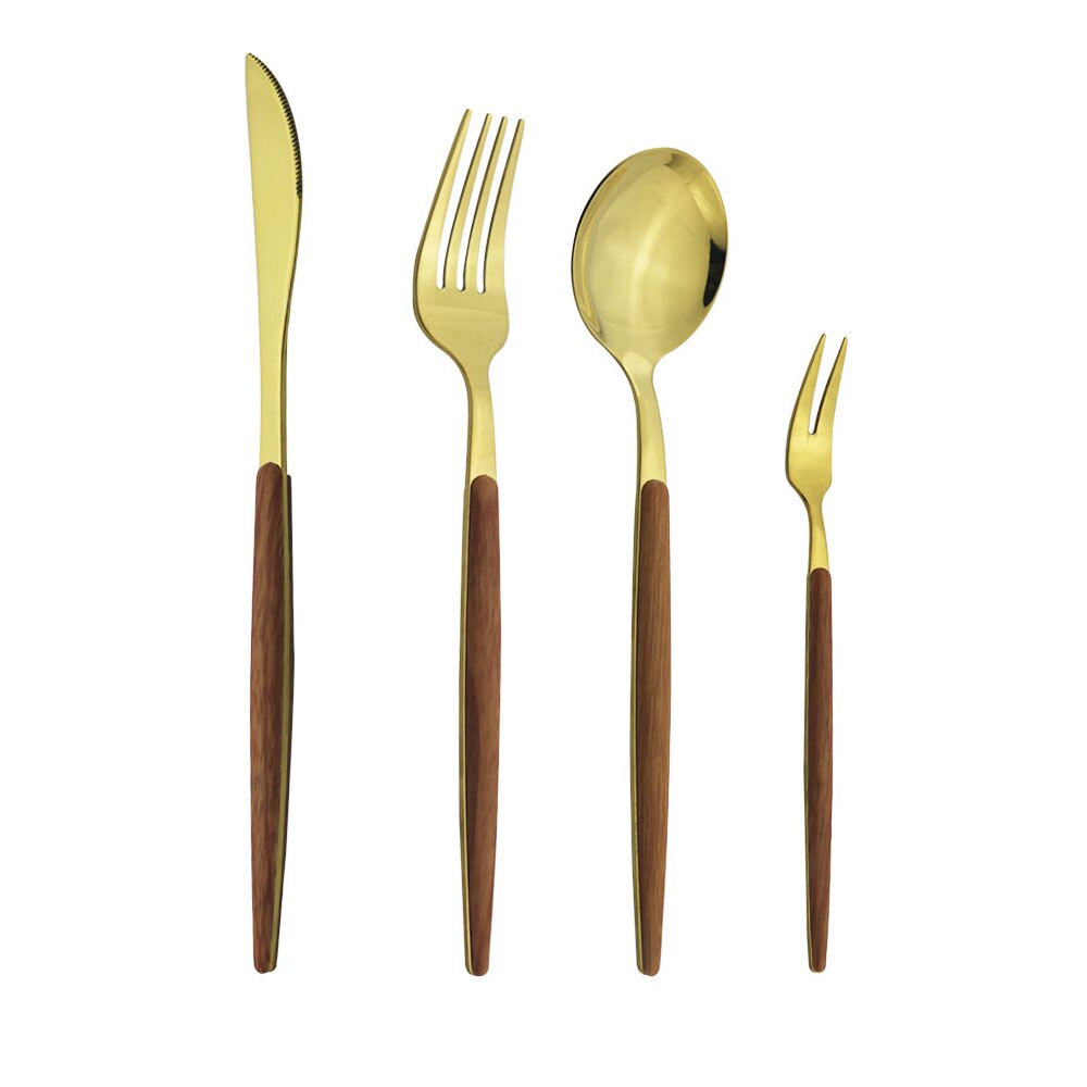 Spiegel Bruin Sliver Houten Textuur Servies Set Rvs Set Diner Messen Vork Lepels Bestek Keuken Servies Set: Brown Gold