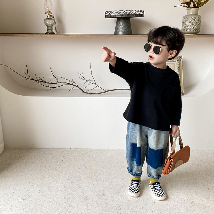 Stile coreano 2022 jeans patchwork moda ragazzi moda pantaloni larghi in denim lavaggio sabbia 1-7Y