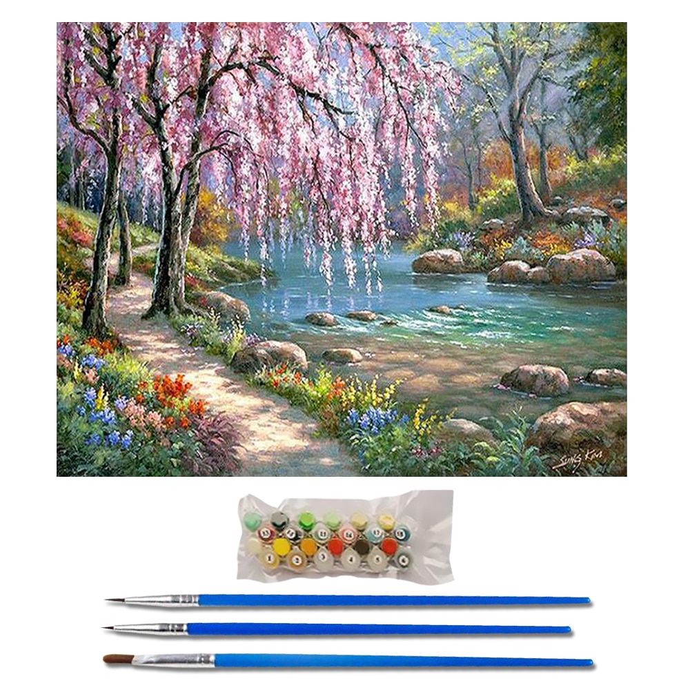 Oil Painting By Numbers Kit Home DIY Paint On Canvas Spring Riverside scenery: Default Title