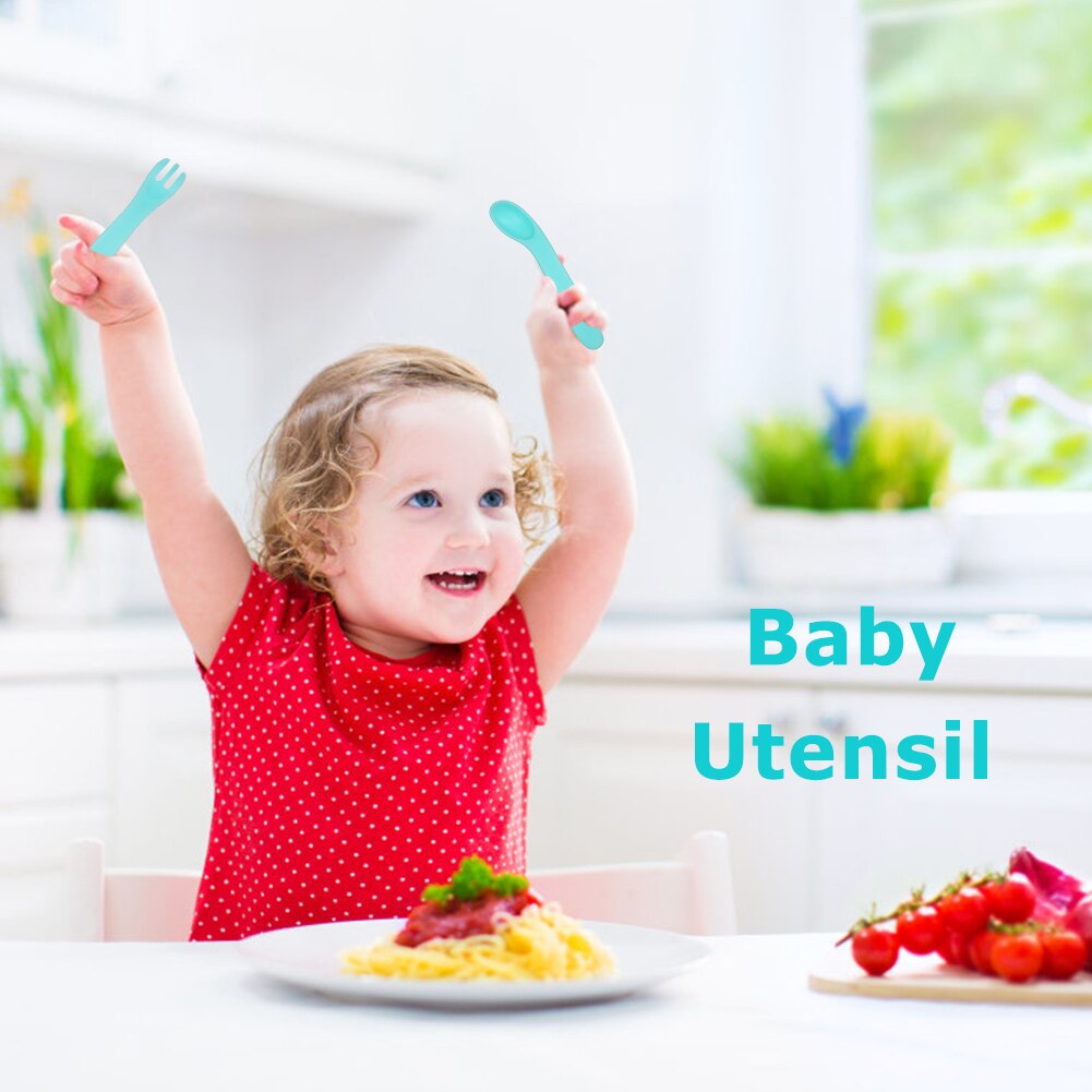 Portable Curved Spoon Fork Set Baby Eat Training Curved Utensils Plastic Safe Non-slip Spoon Fork Elbow Food Tableware