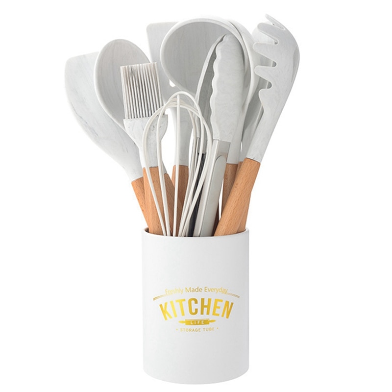 Ensemble d'ustensiles de cuisine 11 pièces ensemble d'ustensiles de cuisine rouge outils de cuisine en Silicone Gadgets ensemble de spatule en bois avec boîte de support
