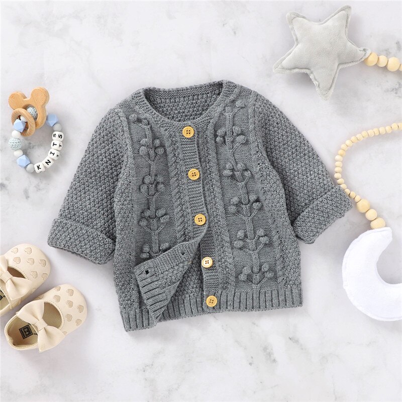Baby Knitting Sweater Round Neck Long-Sleeve Casual Flower Buttons Girl Autumn Knittwear Top