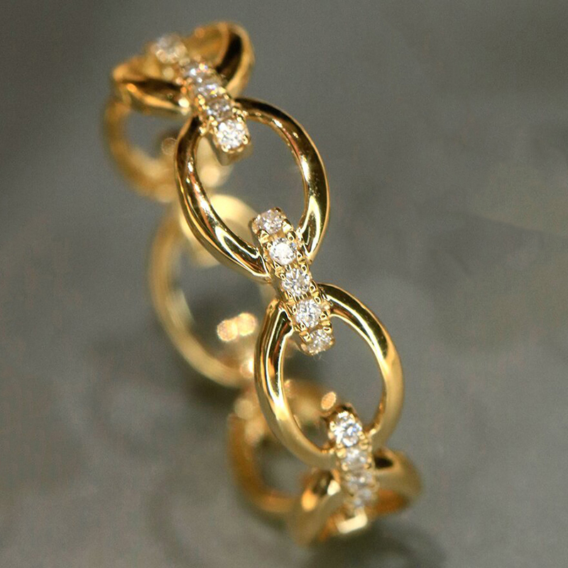 Huitan Women Ring Gold Color Chain Inlaid Bright Cubic Zirconia Wedding Party Accessories Luxury Daily Jewelry