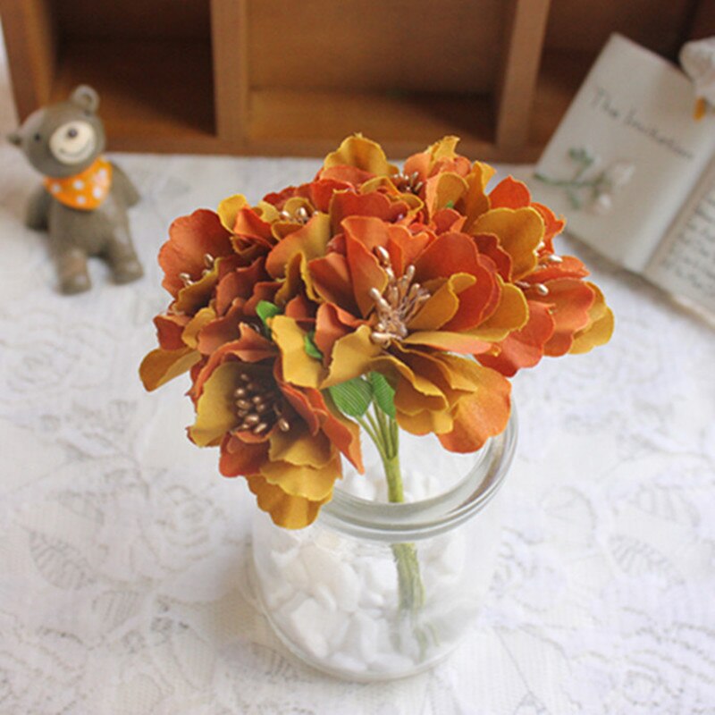 Mini Bouquet artificiel en soie rose 6 pièces/lot | Fleurs en papier pour décoration de mariage, fleurs pour Scrapbooking, boule de fleurs bricolage bon marché: Red brown