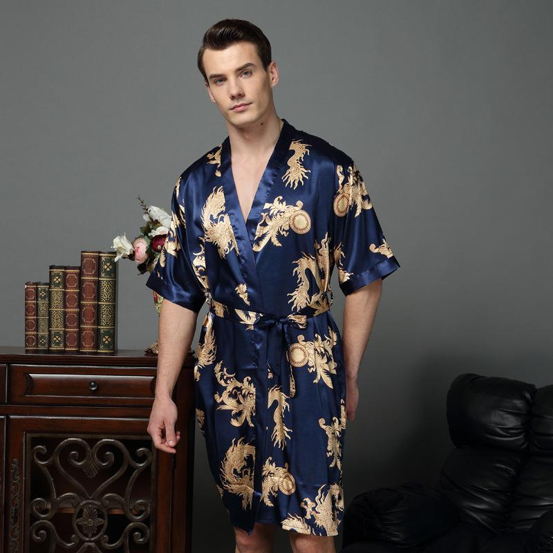 Smok Kimono męskie jedwabne szlafroki luksusowe Roayl niebieska noc suknie z paskiem satynowe męskie długie śpiące topy chiński szlafrok: blue / XXXL