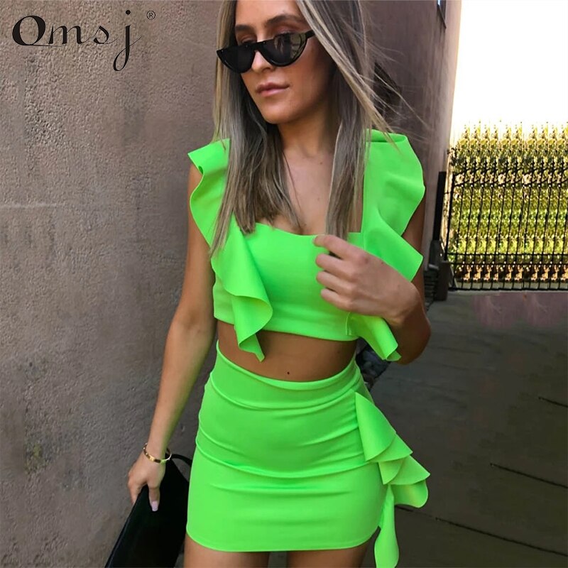 OMSJ Strand Stijl 3 Kleuren Vrouwen Zomerjurk Neon Roze Groen Oranje Ruffle Crop Top + Mini Rok sexy Night Club Outfits