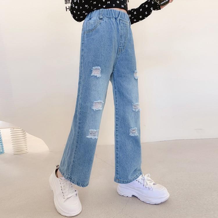 Jeans For Girls Spring Autumn Children Hold Broken Jean Pants Loose Casual Style Kids Denim Bottom Trousers Girls Clothing 4-14Y
