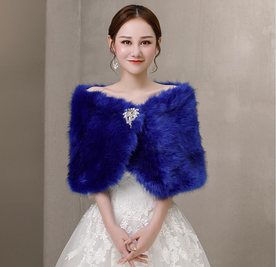 Broche bleue en fausse fourrure et cristal pour femme, Cape de mariée, étole, châle, pour fête de mariage