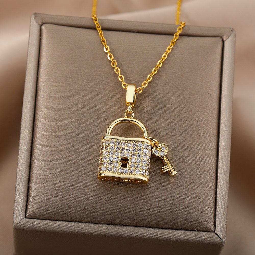 CZ Lock And Key Necklace Stainless Steel Necklace For Women Gold Couple Pendants Key Choker Jewelry Collares Lover