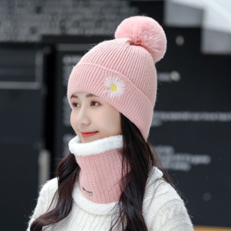 2020 autunno Inverno fiore della margherita del ricamo Delle Donne Del Cappello Scart impostato più di velluto di spessore cappello di lana lavorato a maglia del cappello Femminile Berretto Sciarpa: rosa