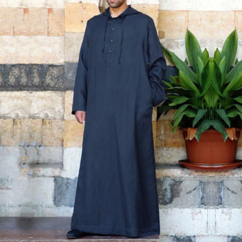 2024 estilo árabe simples longo masculino com capuz longo robe muçulmano roupas turco abaya moda islâmica cor sólida ramadan robe: L / Azul