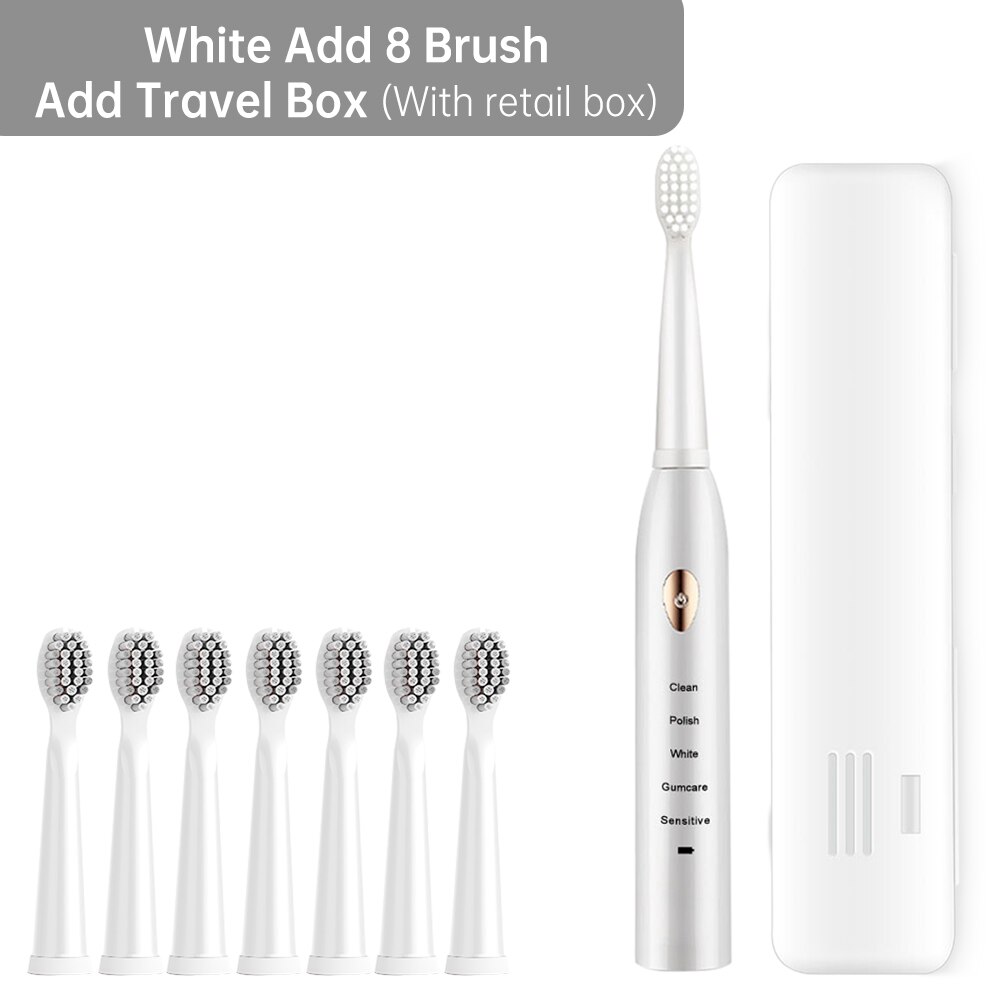 5 modus Smart Elektrische Zahnbürste Automatische Ultra sonic Sonic Zahnbürste Erwachsene IPX7 Wasserdichte USB Aufladbare Zähne Pinsel: White 8 Brush Box