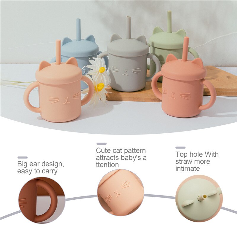 Vasos de silicona para alimentación de bebé, taza con dibujos de gato para niños pequeños, tapas sólidas con asa para beber