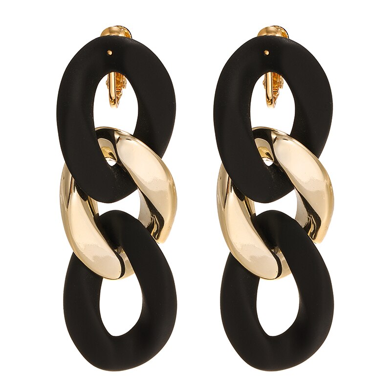 Pendientes de Clip de cadena acrílica para mujer, aretes largos de color dorado, mate, negro, Vintage, ovalados, geométricos, sin agujeros,: d