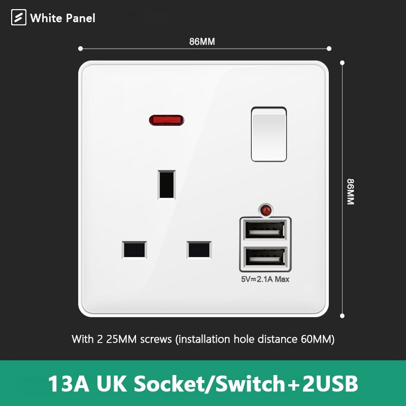 Atlectric UK Standard 13A Wall Socket Black White Gray Plastic Embedded Panel Usb Socket With Switch 110-250V Two Britain Outlet: 1UK2U1GL-W