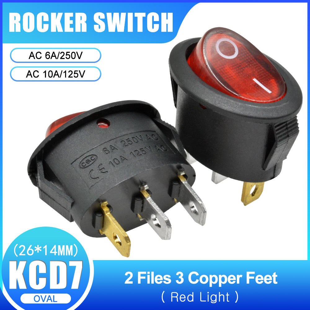 5Pcs 26x14mm KCD7 Oval Push Button Rocker Switch 6A 250V 10A 125V AC Toggle IO On-Off Car Boat Power Switch 2Pin 3Pin LED Light: 3Pin On-Off Red