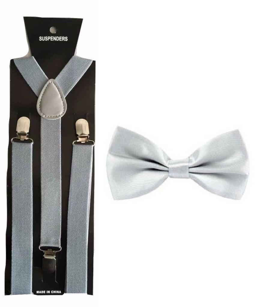 Men's Adult Matching Suspenders Braces & Pre-Tied Bow Tie Combo Sets Fancy Costume: Silver