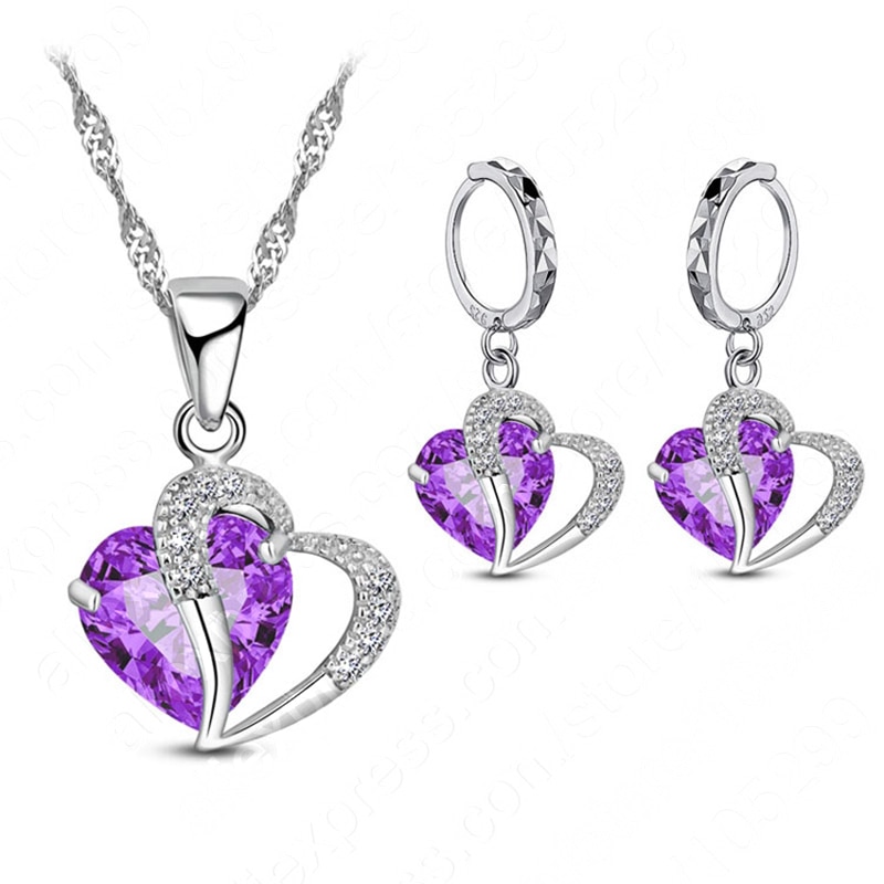 Luksus kvinder 925 sterling sølv cubic zircon halskæde vedhæng øreringe sæt brusk piercing smykker bryllup hjerte