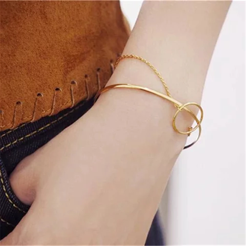 HUANZHI Star Same Paragraph One-piece Rhinestone Ring Chain Long Section Metal Bracelet Bangle for Women Men Girl Party