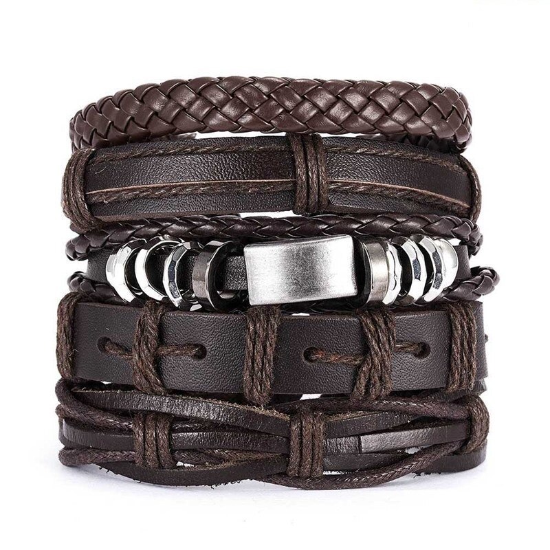 Pulseras trenzadas de cuero multicapa para hombre, brazaletes de cuerda hechos a mano, con forma de búho, hoja y estrella, para: 04