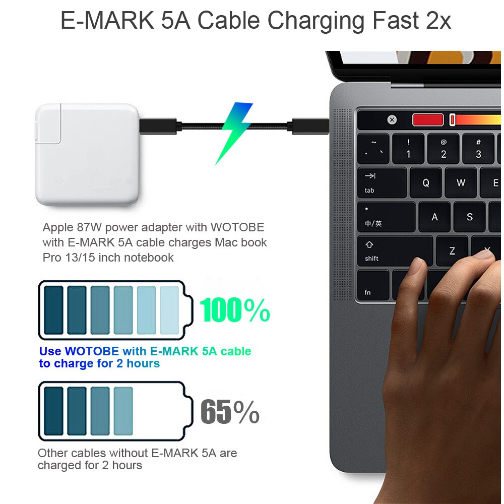 TYPE-C Full Function USB C Cable(2m) E-MARK 5A PD 100W USB3.1 Gen2 10Gbps 4K Video Output Power Line for Type-C Computer MacBook