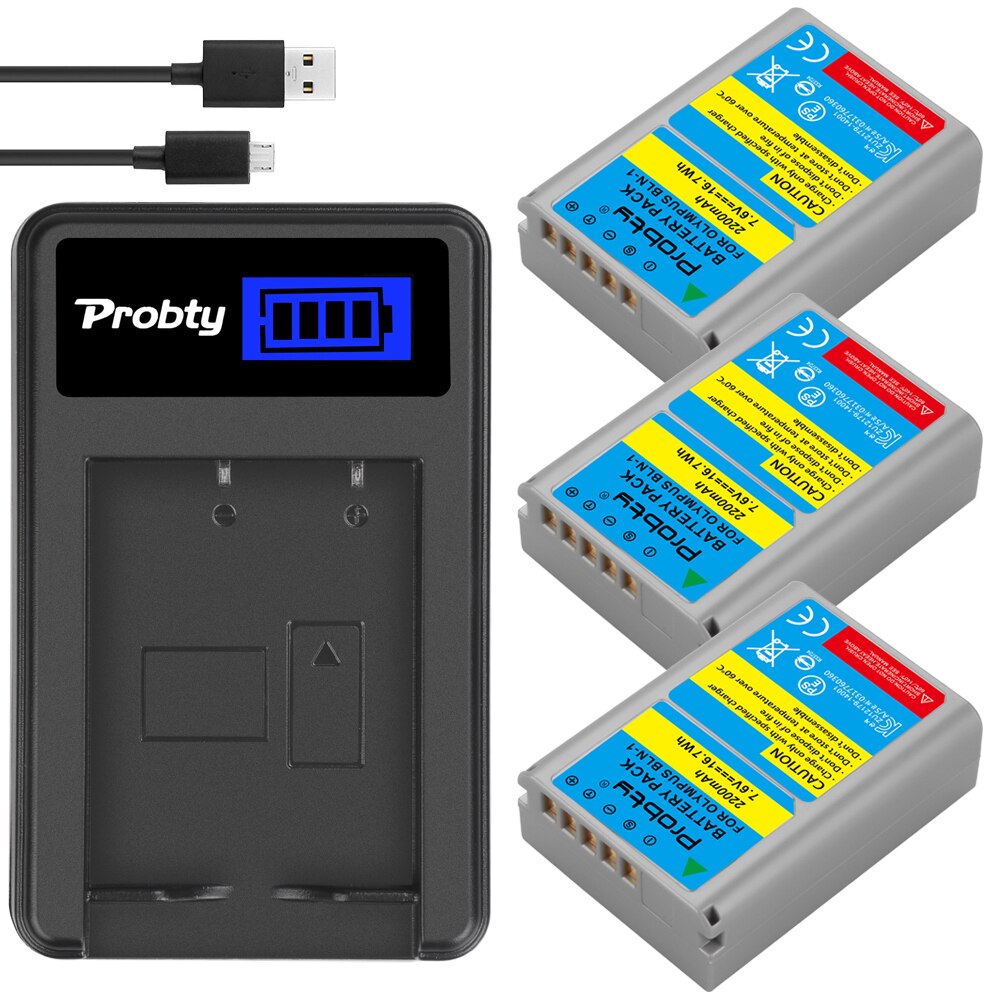 Batería de repuesto de 2200mAh BLN-1 BLN 1 PSBLN1 PS-BLN1 PS BLN-1, Cargador USB LCD de un solo canal para Olympus E-M5, OM-D E: 3BatteryWithCharger