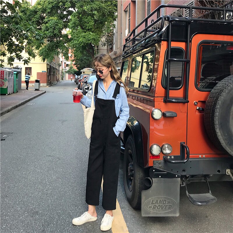 Kvinder retro overalls koreansk street style ren sort vild løs kæreste denim overalls ni point brede ben bukser college
