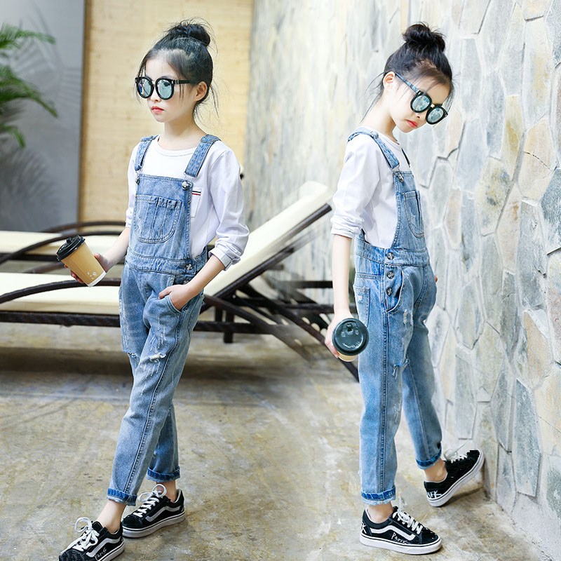 5-14Y Meisjes Denim Overalls Lente Kinderen Jumpsuits Casual Mode Kleding Voor Kinderen Ripped Broek Gewassen Cowboy Jeans Kids J
