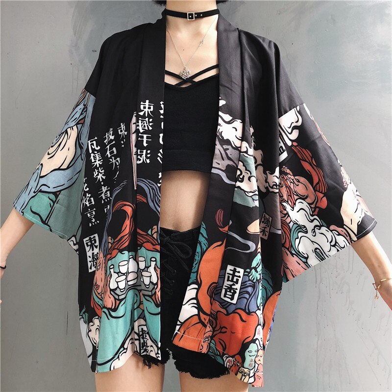 Japansk stil kimono langærmede skjorter traditionelle yukata barselskvinder kimono japansk pigetøj til gravide: Sort