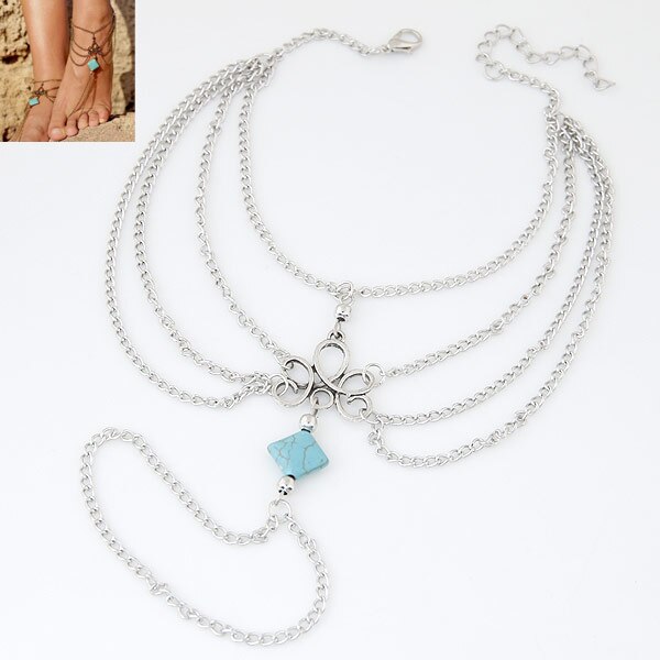 RAVIMOUR klasyczny kolor srebrny bransoletka na kostkę biżuteria na stopy boso sandały obrączka na nóżkę ptaka dla kobiet Tornozeleira Chaine Cheville bijoux: Knot z kwadrat