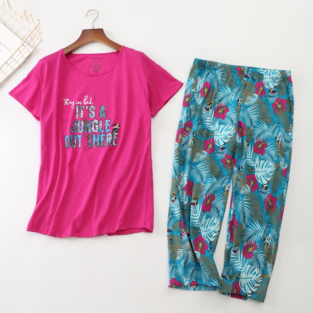 Korean Summer Women Pajamas Cotton Cute Print Pajama Set Top + Capris Elastic Waist Plus Size 3XL Lounge pijamas S95610: XL