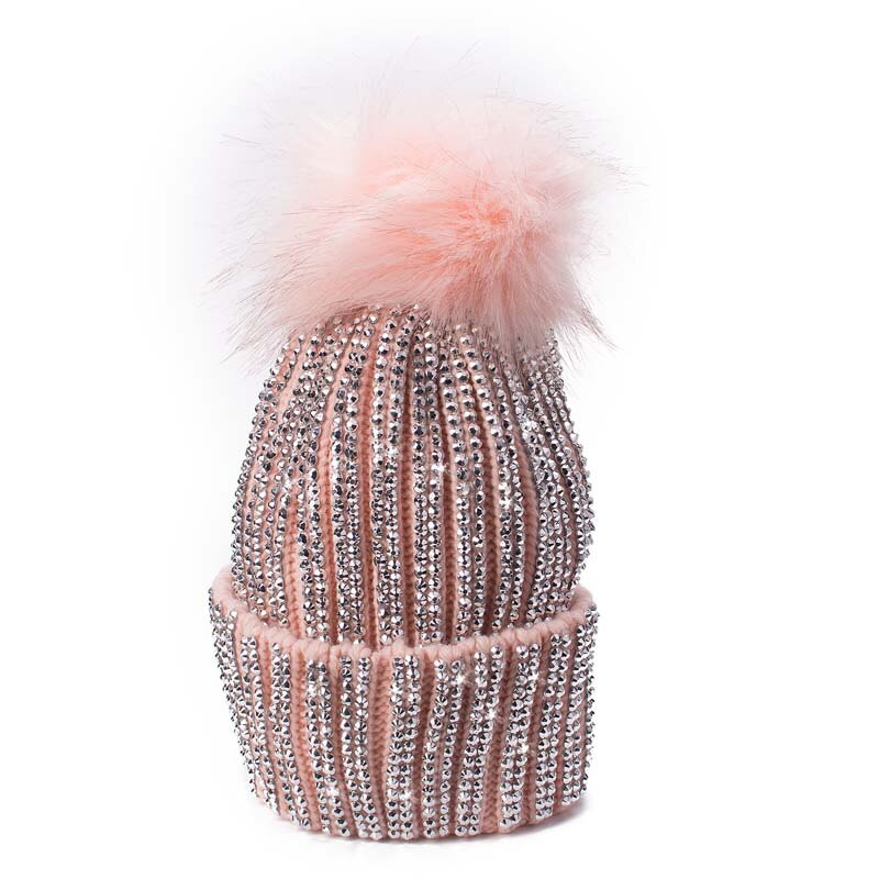 Lawliet Winter Hats Faux Fur Pom Pom Rhinestone Bling Style Women Beanies Warm Knitted Hat Ladies Skull Cap A469: Pink