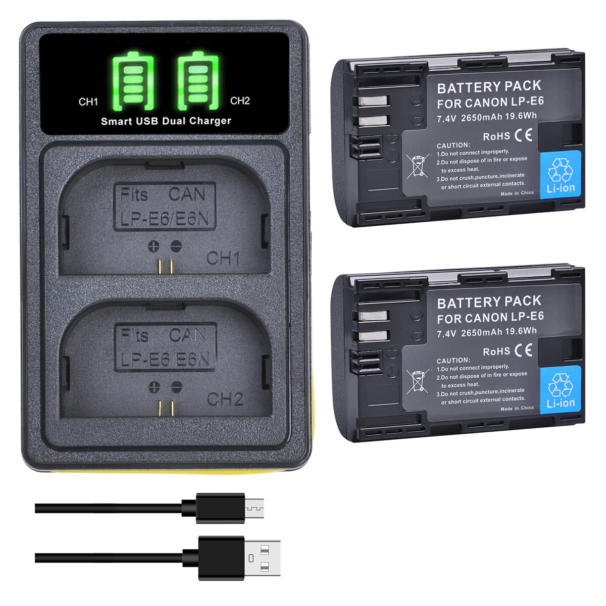 2650 mah lp -e6 lp-e6n batteri + lader for canon eos 6d 7d 5d mark ii iii  iv 5d 60d 60da 70d 80d 90d 5ds r5 r6 xc10 xc15: 2 batterier 1 lader