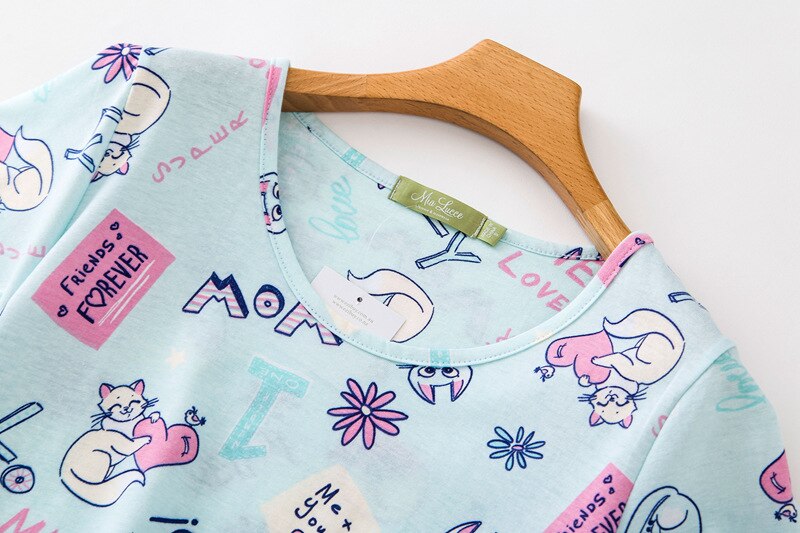 Women's short sleeved nightgown cartoon cat print summer home wear clothes nightdress