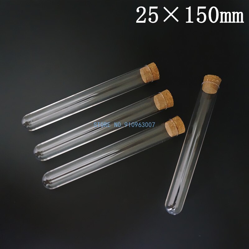 Tube à essai en plastique rigide avec bouchon en liège, diamètre 12mm à 25mm, longueur 60mm à 180mm, récipient à fond rond pour laboratoire scolaire