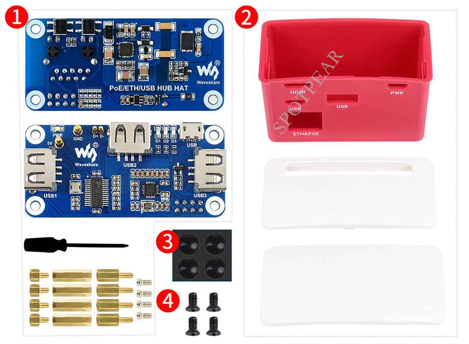 Raspberry Pi Zero PoE Ethernet / USB HUB HAT BOX 3x USB 2.0, 802.3af-Compliant: BOX KIT
