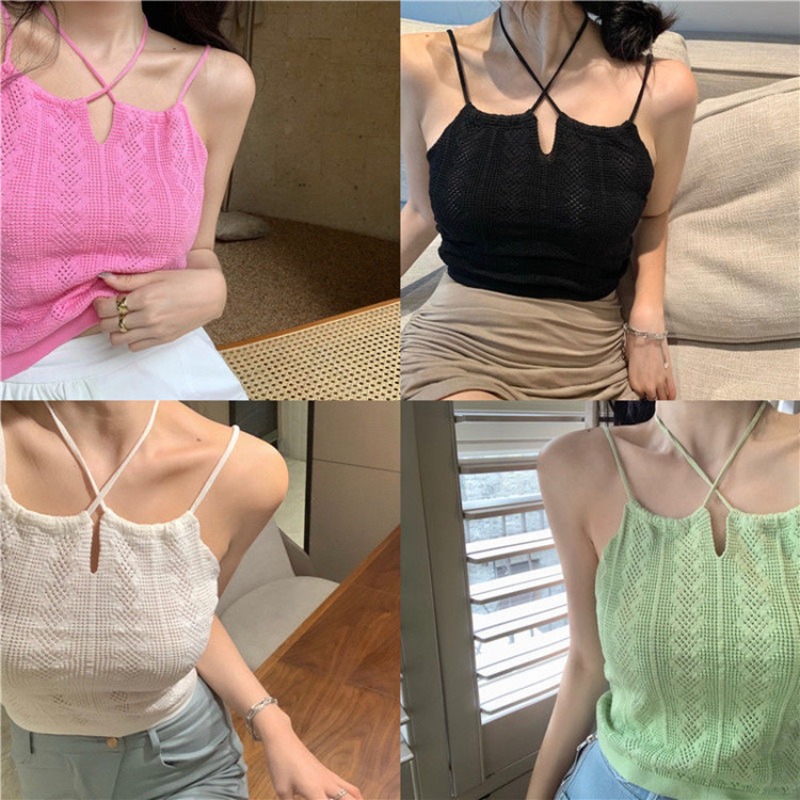 Kvinder sexede halterneck tanktoppe sommer udhulede strikkede ensfarvede cropped toppe dame camisole med stropper crop top til kvinder tanktoppe