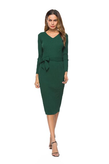 Zioksy Herfst Winter Casual Vrouwen Gebreide Kantoor Jurk Bow Belted Elegante Jurk Vrouwen V-hals Knielengte Schede Bodycon Jurk: Groen / XL