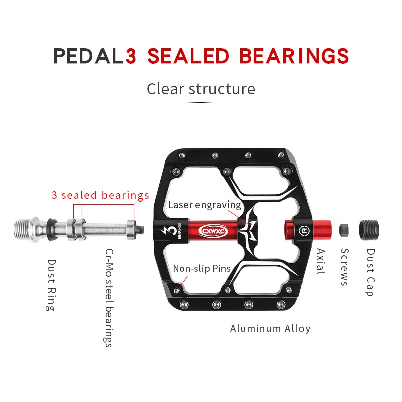 Pedales planos para bicicleta de montaña, 3 rodamientos sellados, plataforma ancha, antideslizantes
