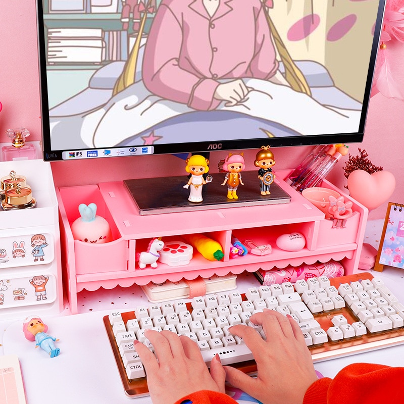 Cute Pink Monitor Stand Desk Storage Rack Wooden Computer Riser Desk Organizer Storage Shelves Cabinet Home Office Supplies